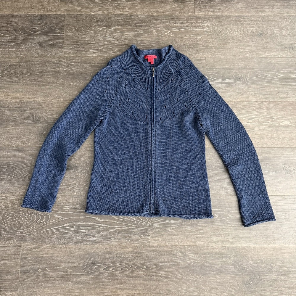 Burns Full Zip Sweater Jacket Cotton Cardigan Womens‎ L Cottage Blue Fisherman